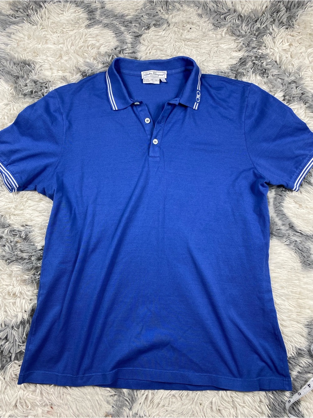 Salvatore Ferragamo Polo Shirt Mens XL Fits Med Blue Logo Tipped Collar Cotton